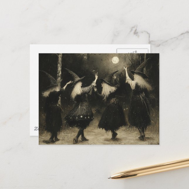 Hexen sammeln sich im Mondlichtwald Postkarte (Vorderseite/Rückseite Beispiel)