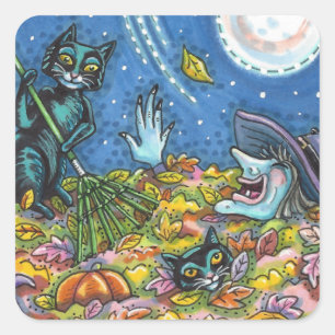 HEXEN & SCHWARZE KATZEN RECHEN BLÄTTER, LUSTIGES H QUADRATISCHER AUFKLEBER