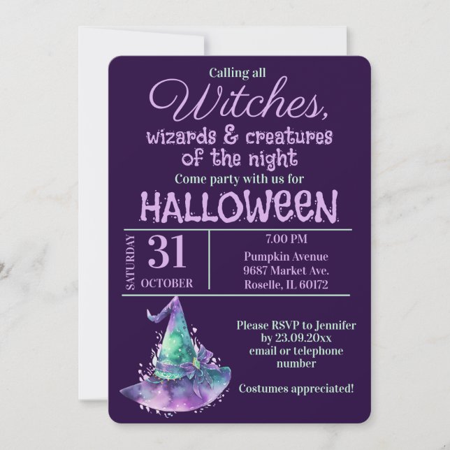 Hexen und Zauberer Lila Halloween-Party Einladung (Vorderseite)