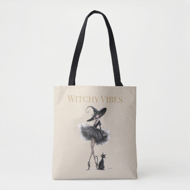 Hexen-Vibes Light Edition – Gothic Hexe & Katze Tasche (Vorderseite)