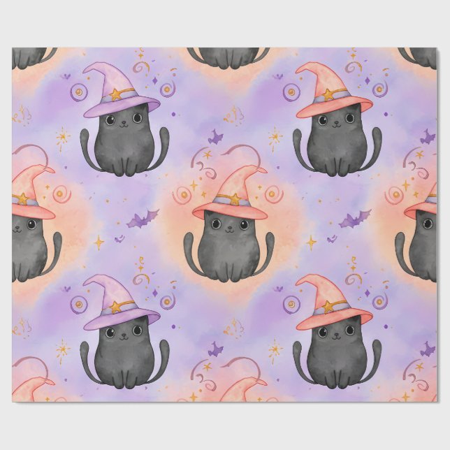 Hexenbart – Pastell-Halloween-Katzenmuster Geschenkpapier (Flach)