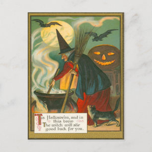 Hexenbesen Kessel Jack O Lantern Fledermaus Katze Postkarte