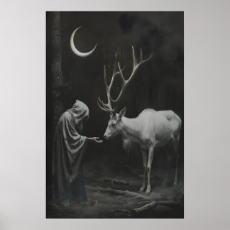 Hexender Hirsch Kunstprint, zunehmender Mond dunke Poster