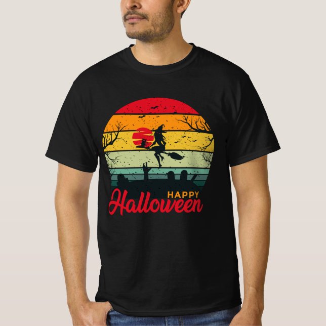 Hexenflying Broom mit Cat Happy Halloween T-Shirt (Vorderseite)