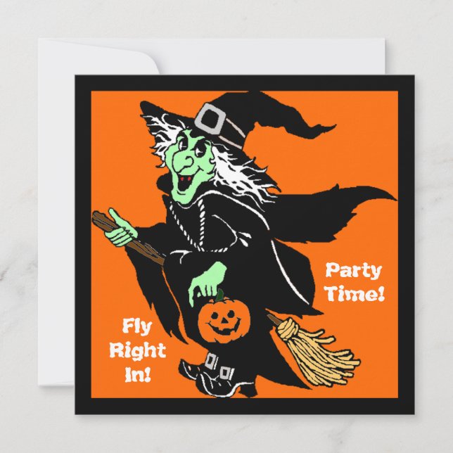 Hexenflying Halloween-Cartoon Einladung (Vorderseite)