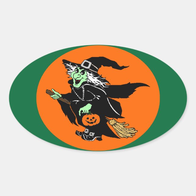 Hexenflying Halloween-Cartoon Ovaler Aufkleber (Vorderseite)