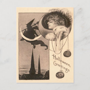 Hexenfrau Halbmond-Kürbisgesicht Postkarte
