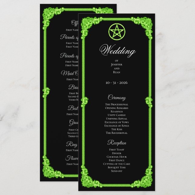 Hexengrünes Gothic-Hochzeitsprogramm mit Leuchteff Menükarte (Vorne/Hinten)