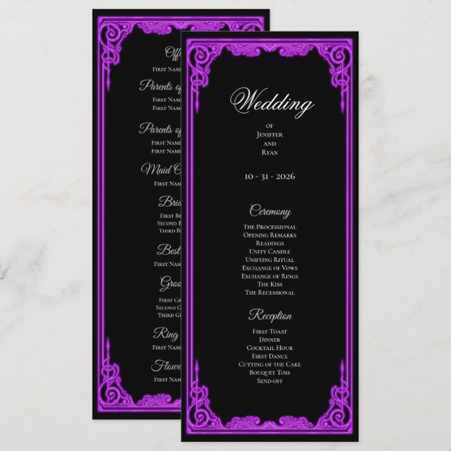 Hexenhaft lila Glow Gothic Hochzeitsprogramm Menükarte (Vorne/Hinten)