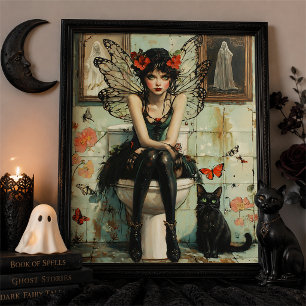 Hexenhaftes Gothic-Fee-Schwarze-Katze-Halloween-Wa Poster