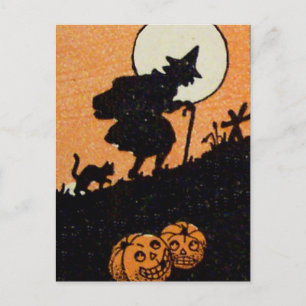 Hexenhimmel Schwarze Katze Kürbislaterne Postkarte