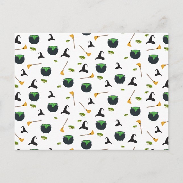 Hexenhut Broom Caldron Halloween Muster Feiertagspostkarte (Vorderseite)