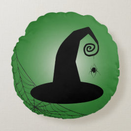 Hexenhut mit Spiderweb-grünes Halloween-Kissen Rundes Kissen