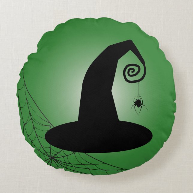 Hexenhut mit Spiderweb-grünes Halloween-Kissen Rundes Kissen (Vorderseite)