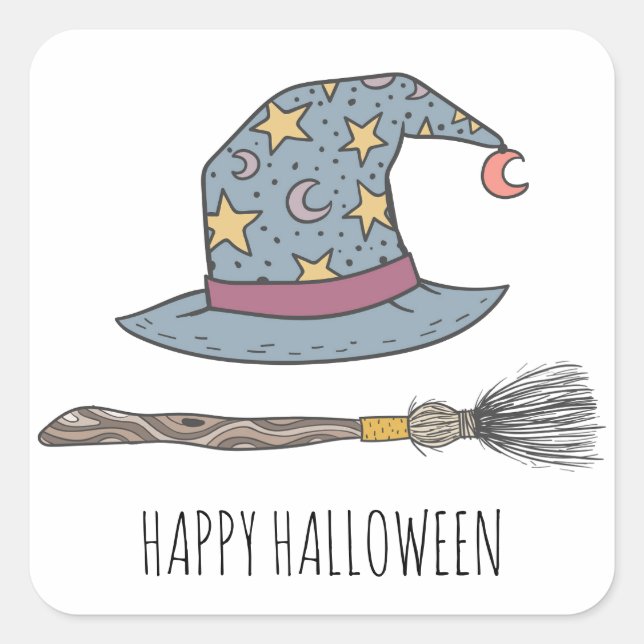 Hexenhut und Broomstick-Halloween-Party Quadratischer Aufkleber (Vorderseite)