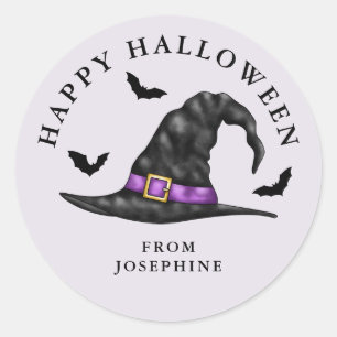 Hexenhut und Fledermäuse Lilac Happy Halloween Runder Aufkleber