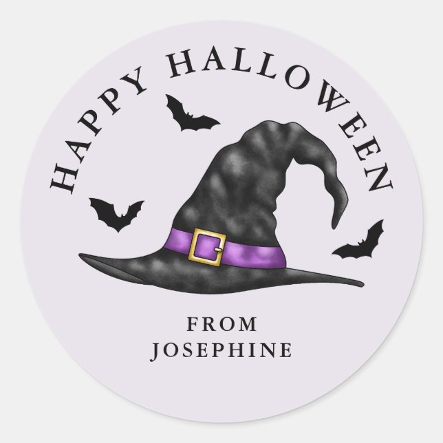 Hexenhut und Fledermäuse Lilac Happy Halloween Runder Aufkleber (Vorderseite)