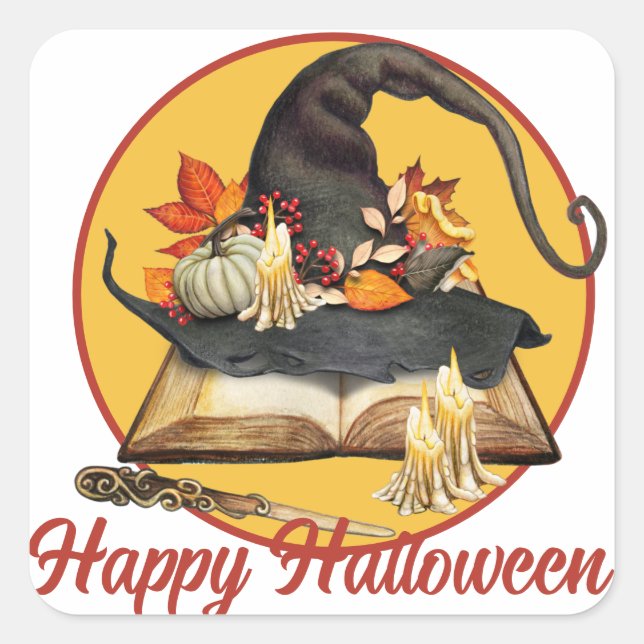 Hexenhut & Zauberbuch Halloween-Sticker Quadratischer Aufkleber (Vorderseite)