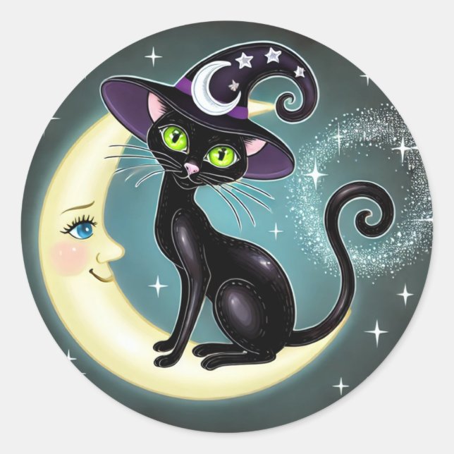 Hexenkatze auf Crescent Moon Halloween Wicca Runder Aufkleber (Vorderseite)