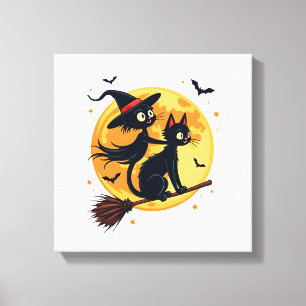 Hexenkatze auf einem Besenstiel � Halloween Nacht Leinwanddruck