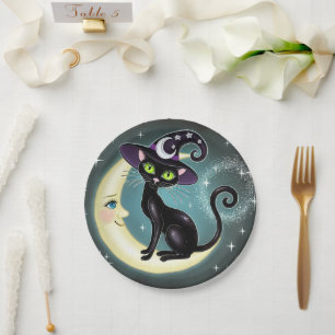Hexenkatze auf zunehmendem Mond Halloween Wiccan W Pappteller