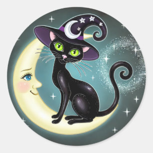 Hexenkatze auf zunehmendem Mond Halloween Wiccan W Runder Aufkleber