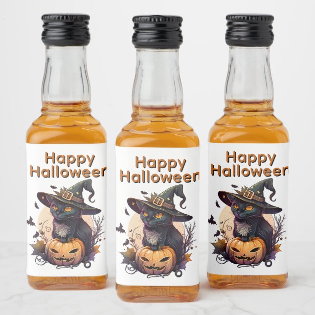 Hexenkatze für glückliches Halloween Alkoholflaschenetikett (Flaschen)