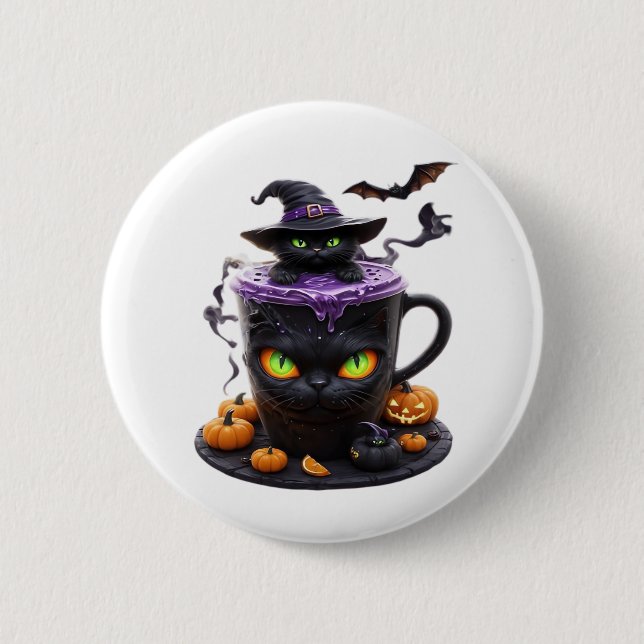 Hexenkatze Halloween Latte - Niedlicher, cremiger  Button (Vorderseite)