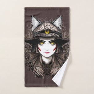 Hexenkatze Halloween Niedliches Portrait Badhandtuch Set