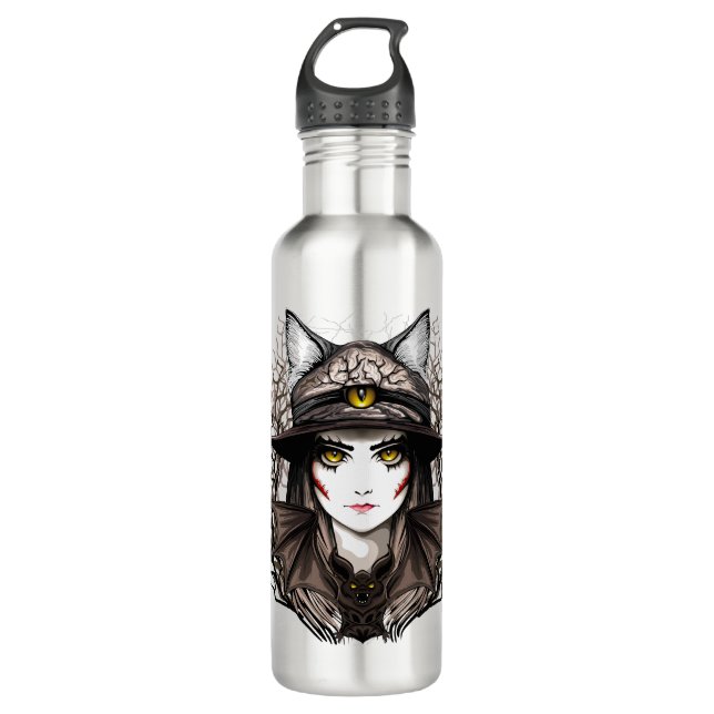 Hexenkatze Halloween Niedliches Portrait Edelstahlflasche (Vorderseite)