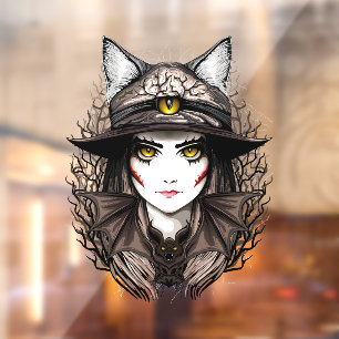 Hexenkatze Halloween Niedliches Portrait Fensteraufkleber