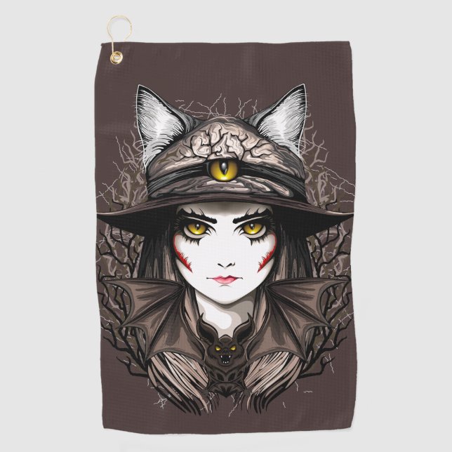 Hexenkatze Halloween Niedliches Portrait Golfhandtuch (Vorderseite)