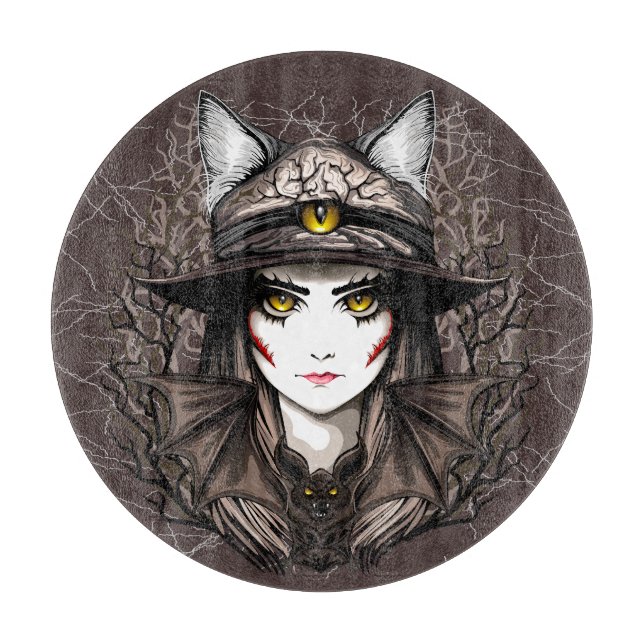 Hexenkatze Halloween Niedliches Portrait Schneidebrett (Vorderseite)