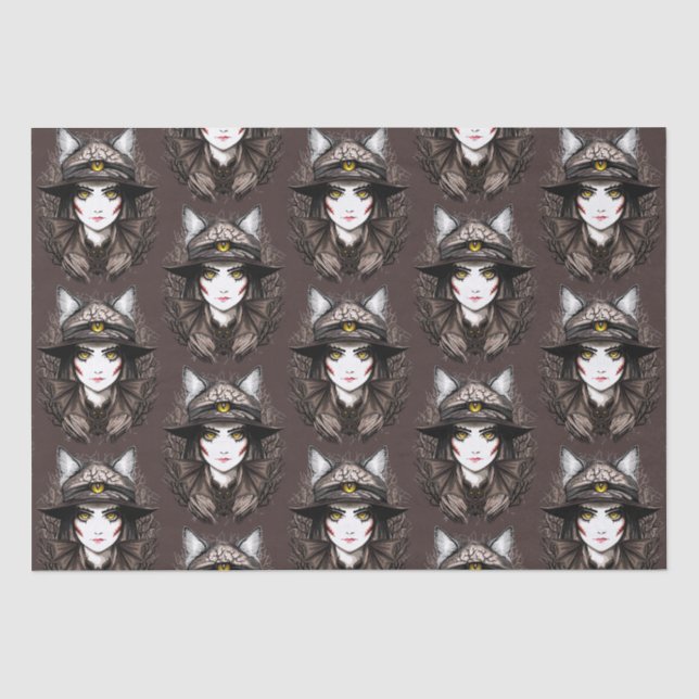Hexenkatze Halloween Niedliches Portrait Seidenpapier (Vorderseite)
