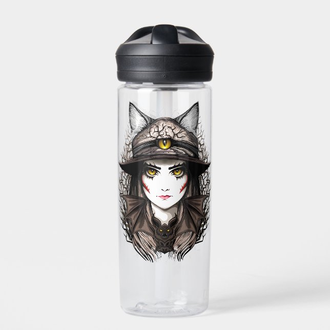 Hexenkatze Halloween Niedliches Portrait Trinkflasche (Vorderseite)