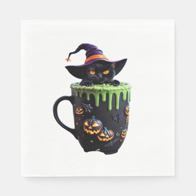 Hexenkatze Halloween Tasse - Niedlicher Schwarzer  Serviette (Vorderseite)