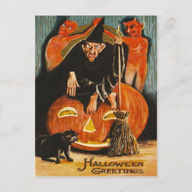 Hexenkatze Kürbislaterne Teufelsmorsch Postkarte (Vorderseite)