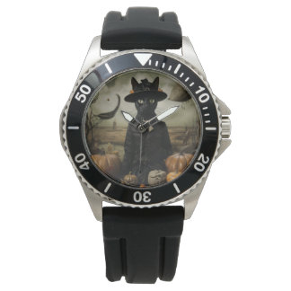 Hexenkatze mit Kürbissen  Armbanduhr