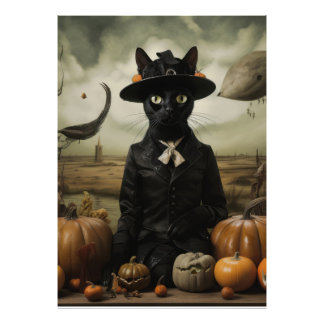 Hexenkatze mit Kürbissen Fotodruck