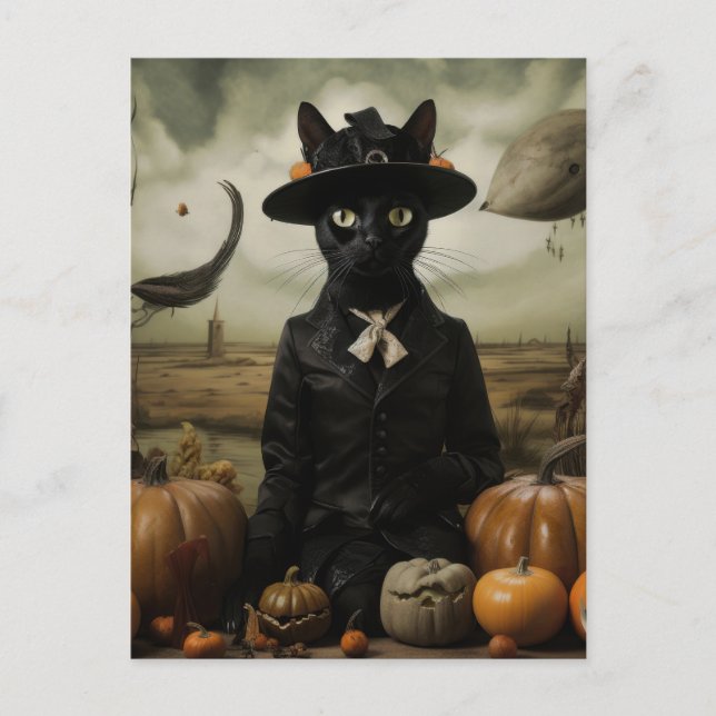 Hexenkatze mit Kürbissen  Postkarte (Vorderseite)
