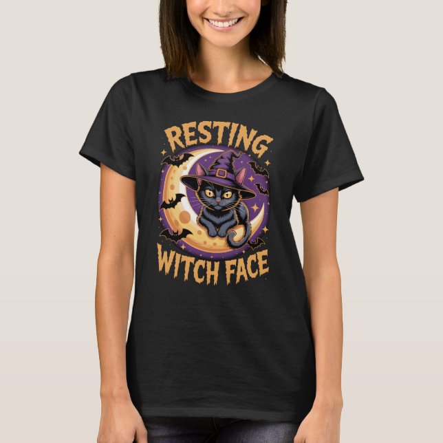 Hexenkatze mit schwarzem KatzenHalloween-Katzenjam T-Shirt (Vorderseite)