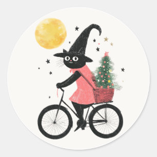 Hexenkatze Radfahren Quirky & Spooky Weihnachten Runder Aufkleber