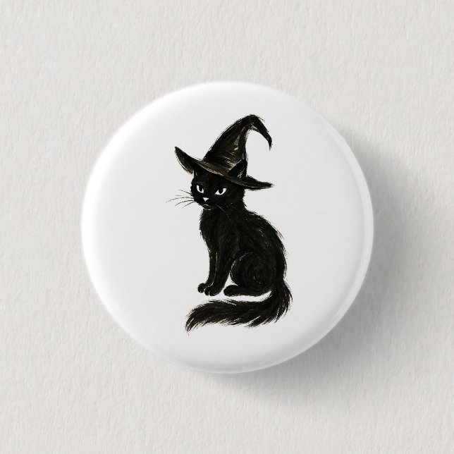Hexenkatze – Schwarze Tinte Halloween-Illustration Button (Vorderseite)