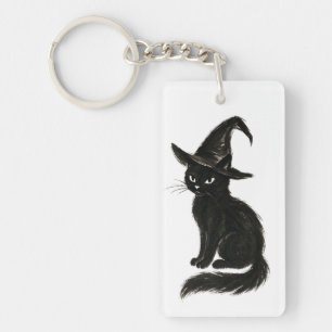 Hexenkatze – Schwarze Tinte Halloween-Illustration Schlüsselanhänger