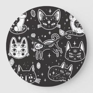 Hexenkatze: Vintage Abgeschiedene Illustration Große Wanduhr