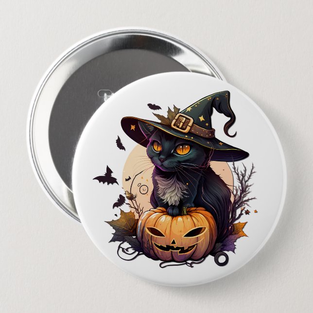 Hexenkatze zu Halloween Button (Vorne & Hinten)