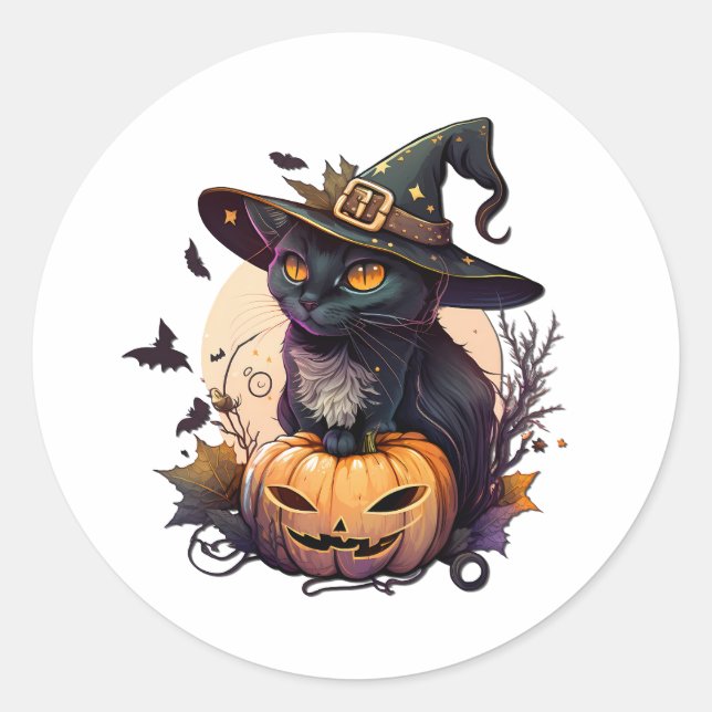 Hexenkatze zu Halloween Runder Aufkleber (Vorderseite)