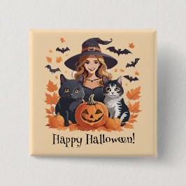Hexenkatzen, Fledermäuse und Kürbiskins Halloween Button