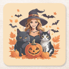 Hexenkatzen, Fledermäuse und Kürbiskins Halloween Rechteckiger Pappuntersetzer