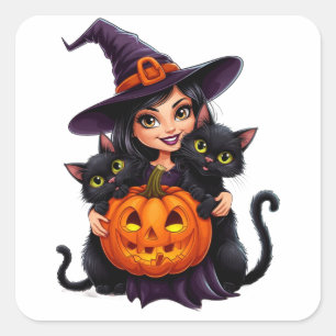 Hexenkatzen Kürbis Halloween 🐈⬛ Quadratischer Aufkleber